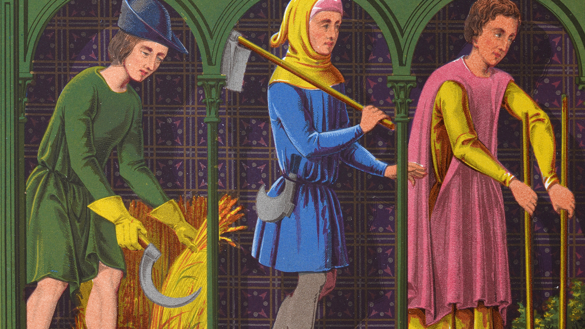 A painting of three medieval peasants farming