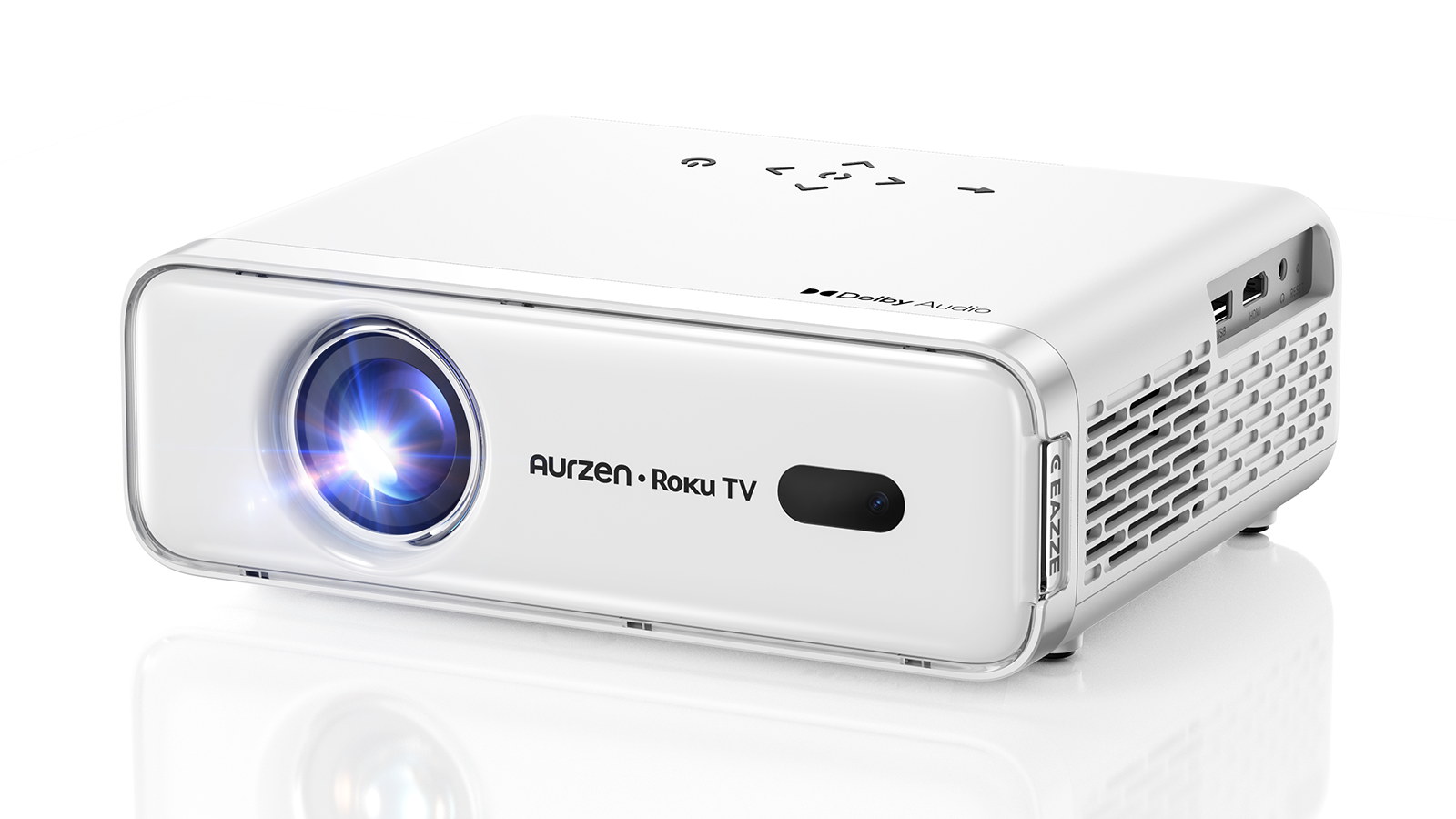 The Aurzen Roku TV smart projector on a white background. It features a white body with rounded corner edges.
