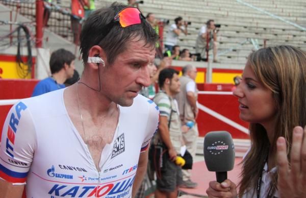 Denis Menchov is interviewed at the finish