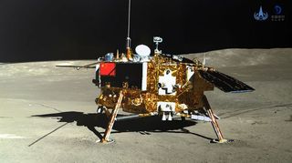 China's Chang'e 4 lander on the far side of the moon, as seen by the mission's Yutu 2 rover.