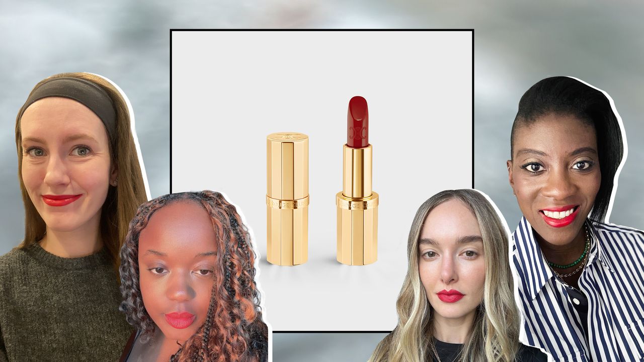 four Marie Claire editors wearing Celine lipstick in front of a tube of Celine lipstick