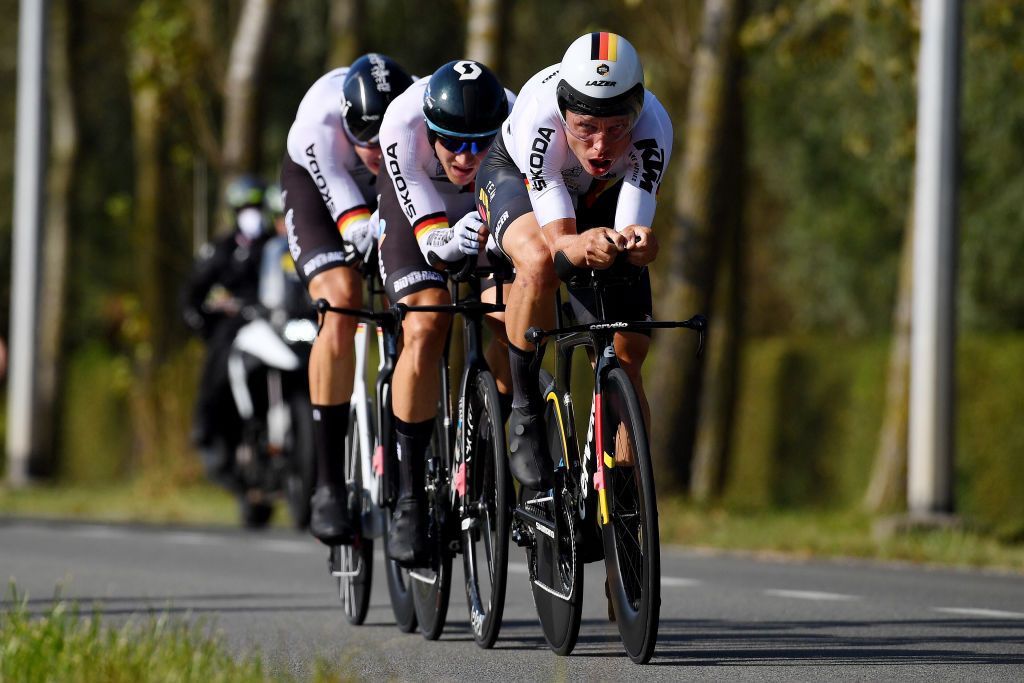 BRUGES BELGIUM SEPTEMBER 22 Tony Martin of Germany sprints during the 94th UCI Road World Championships 2021 Team Time Trial Mixed Relay a 445km race from KnokkeHeist to Bruges flanders2021 TT on September 22 2021 in Bruges Belgium Photo by Tim de WaeleGetty Images