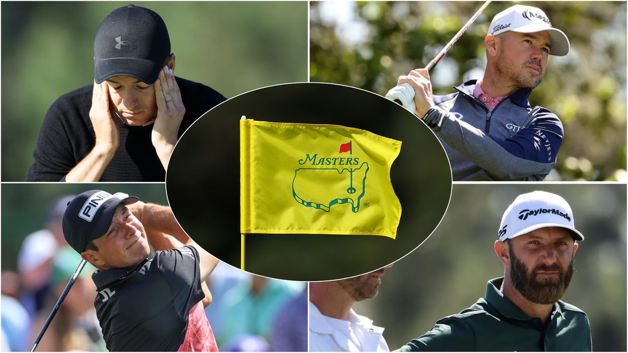 Jordan Spieth, Brian Harman, Viktor Hovland and Dustin Johnson plus a Masters flag