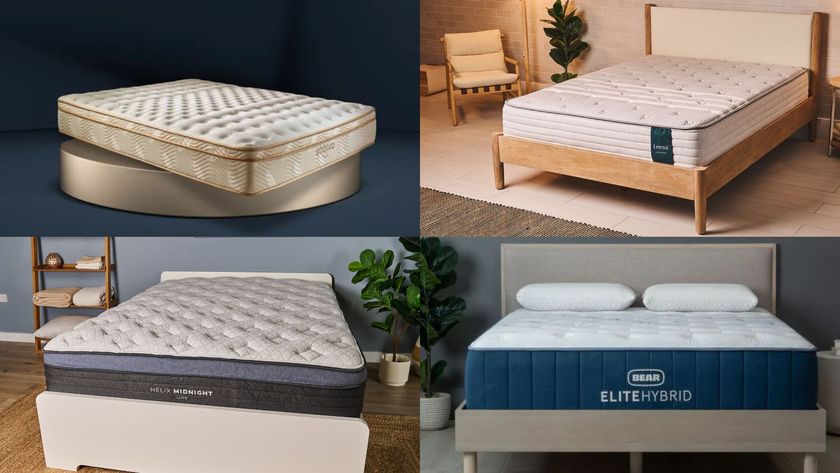 The image shows a collage of four different hybrid mattresses. The top left shows the Saatva Classic mattress on a circular platform. The top right shows a Leesa mattress on a light-colored wooden bed frame. The bottom left displays a Helix Midnight Luxe mattress on a white bed frame with a dark gray base. The bottom right shows a Bear Elite Hybrid mattress on a light-colored bed frame with a blue base.