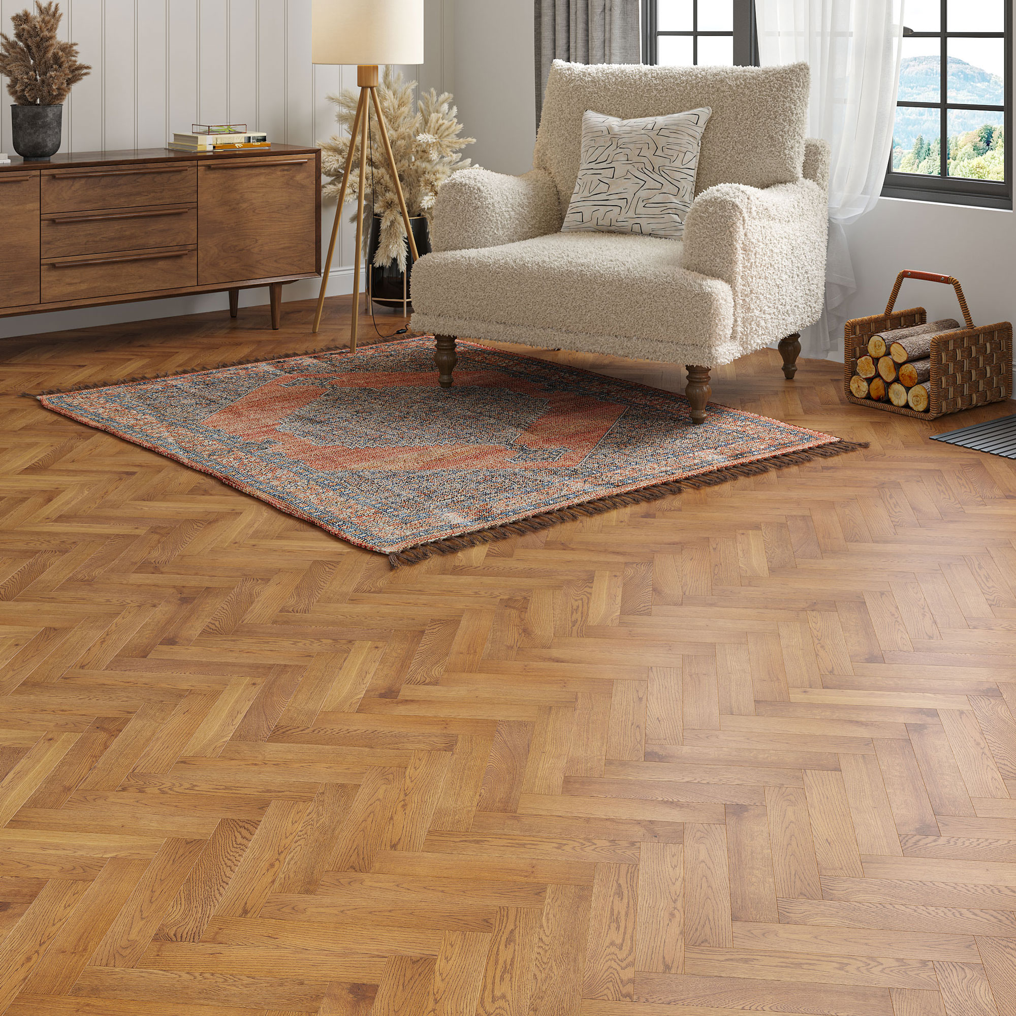wooden herringbone flooring in living room with cream boucle armchair