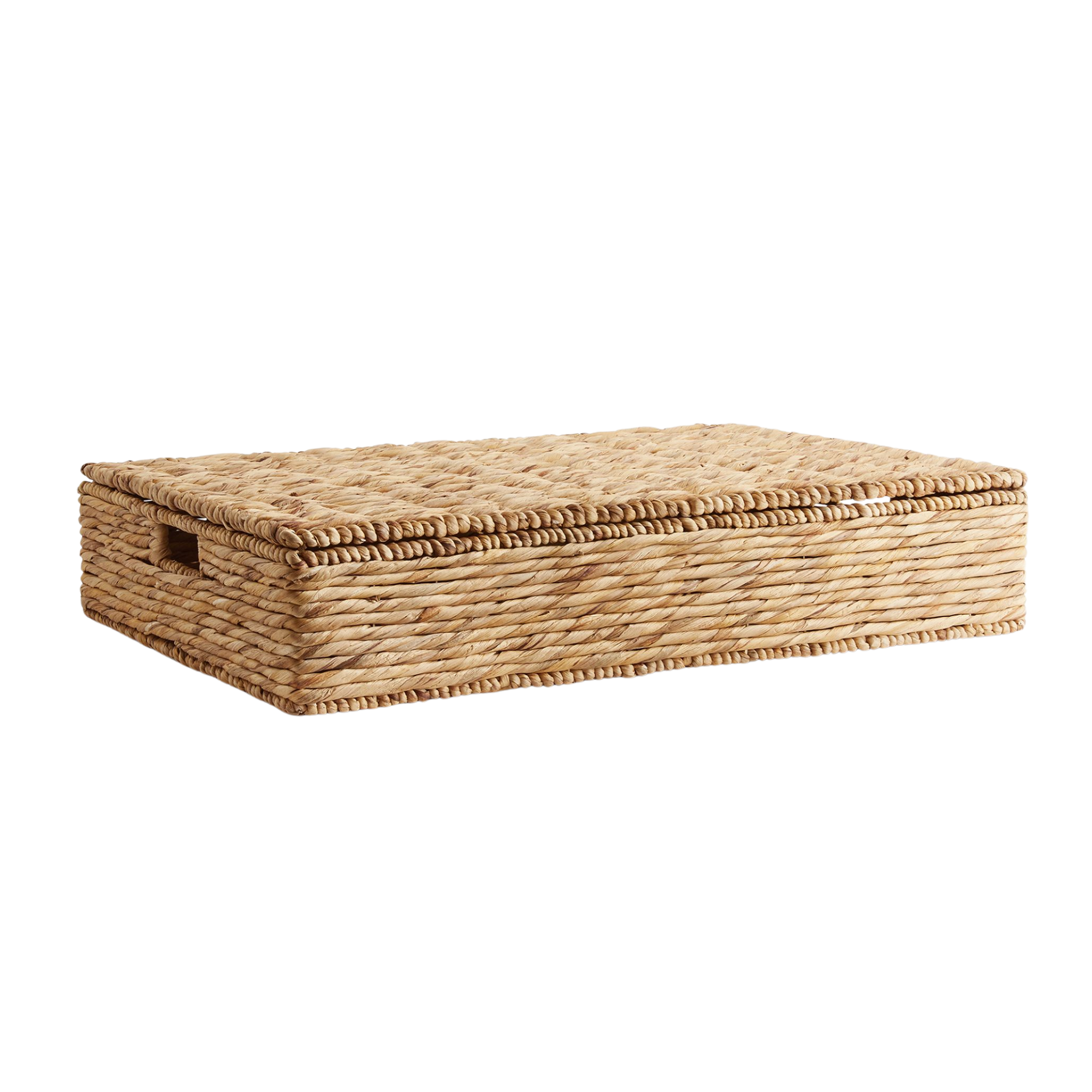 a woven underbed storage basket with a lid