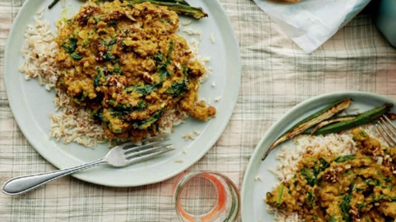 Trini split pea dhal with spinach and okra