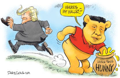 Political cartoon U.S. Trump China Winnie the Pooh tariffs trade war economy taxes