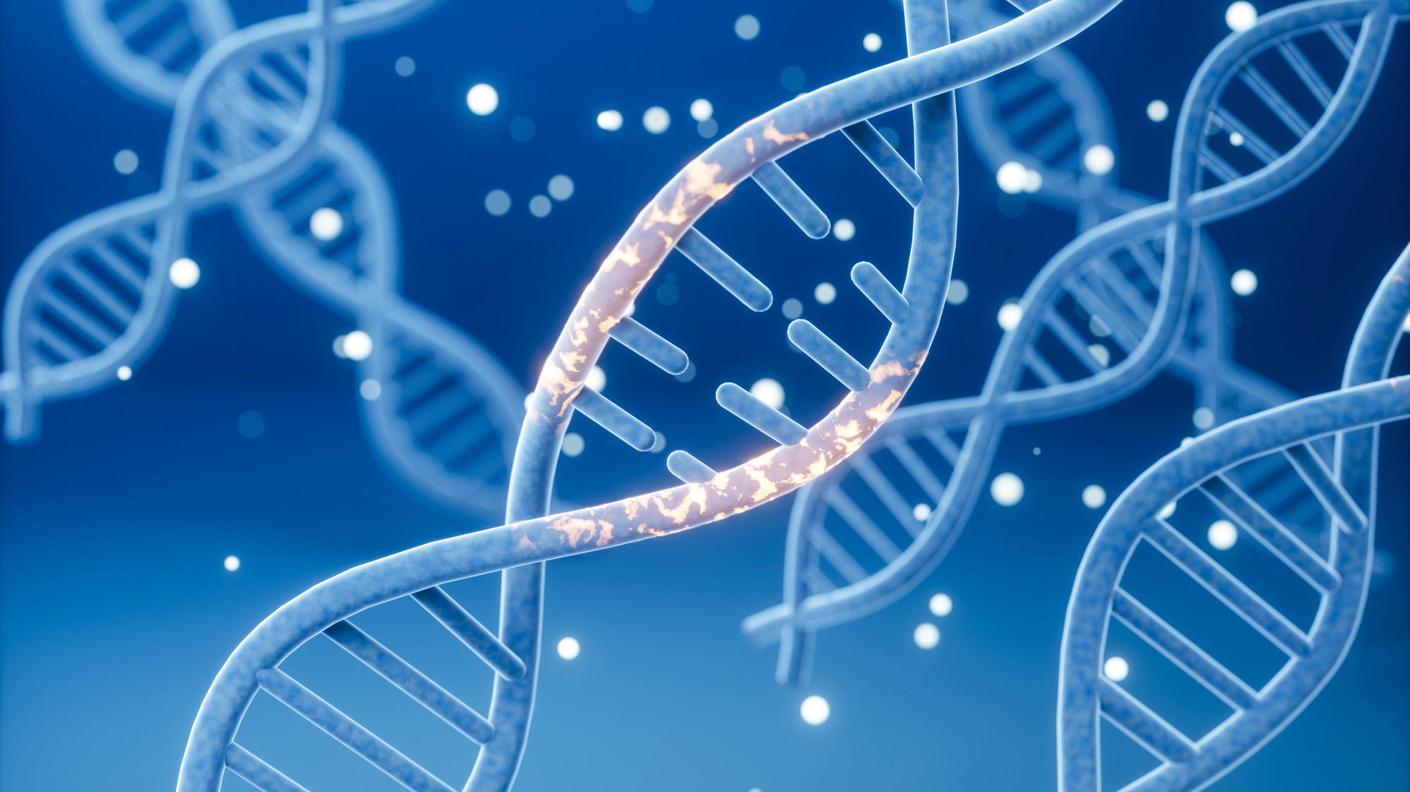 An illustration of a series of double helices against a blue background