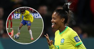 Ary Borges of Brazil celebrates after scoring her team's fourth and her hat trick goal during the FIFA Women's World Cup Australia & New Zealand 2023 Group F match between Brazil and Panama at Hindmarsh Stadium on July 24, 2023 in Adelaide, Australia.