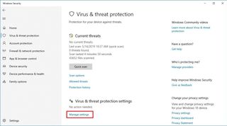 Windows Defender main settings page