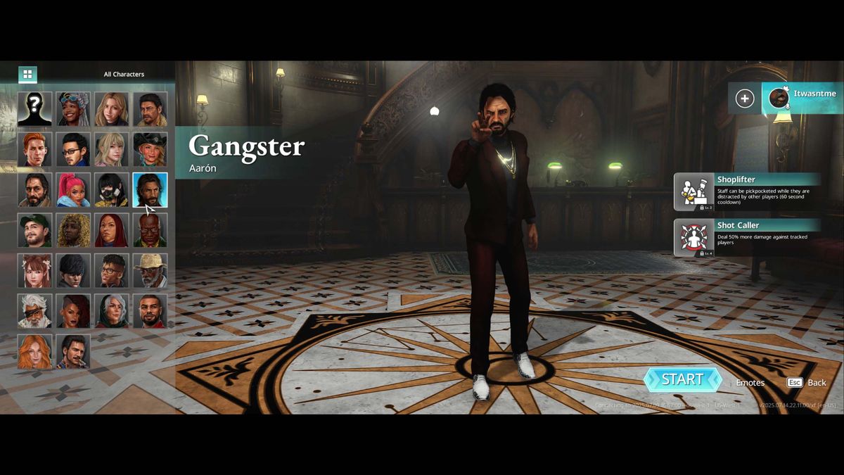 A screenshot from Killer Inn depicting the character menu with Gangster selected.