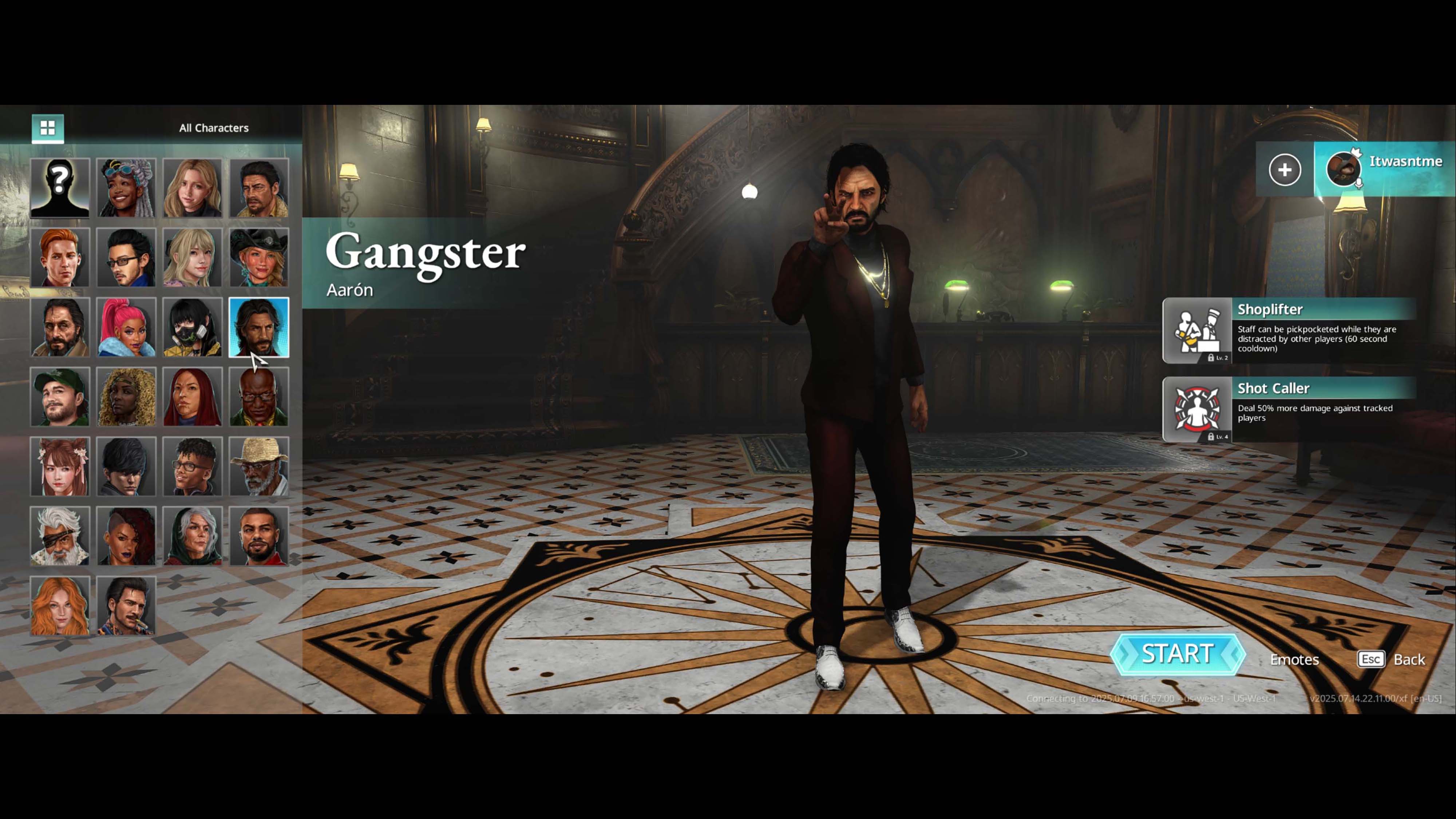 A screenshot from Killer Inn depicting the character menu with Gangster selected.
