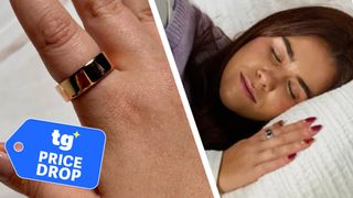 An image close-up of the Oura Ring 4 on a woman's hand, plus another image of a woman wearing the sleep tracker while asleep. 