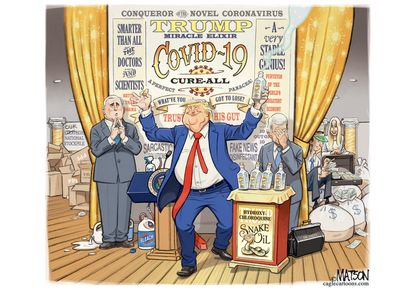 Political Cartoon U.S. Trump coronavirus briefing snake oil