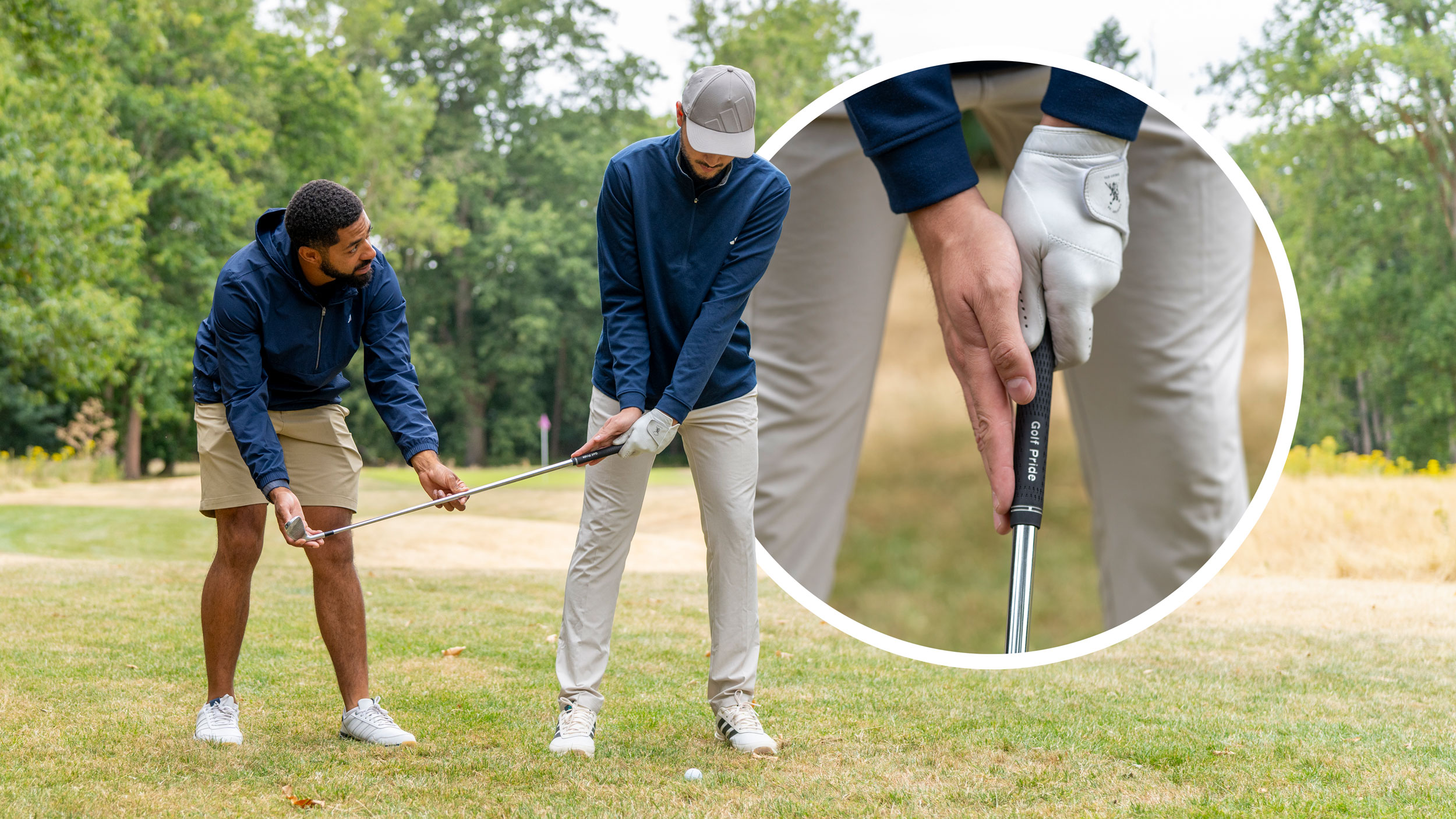Trey Niven demonstrating the Ludvig drill to amateur golfer, Mace, to help him cure his heavy strike issue