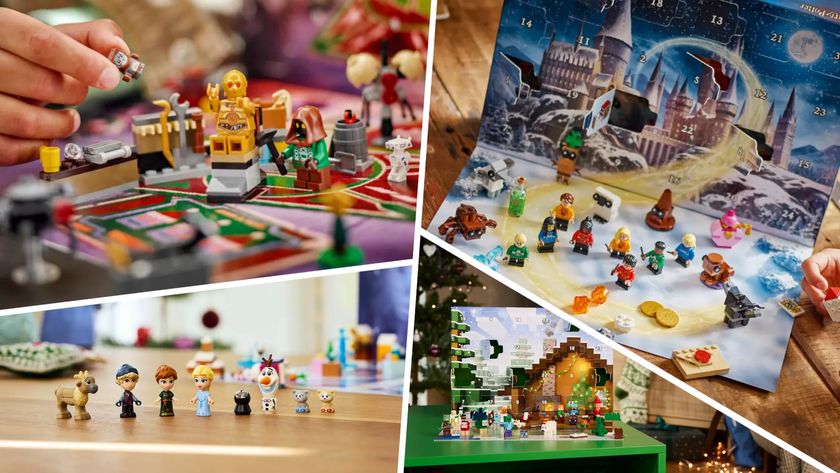 Lego Star Wars, Harry Potter, Disney, and Minecraft Advent Calendar minifigures and items laid out on wooden surfaces, divided by white lines