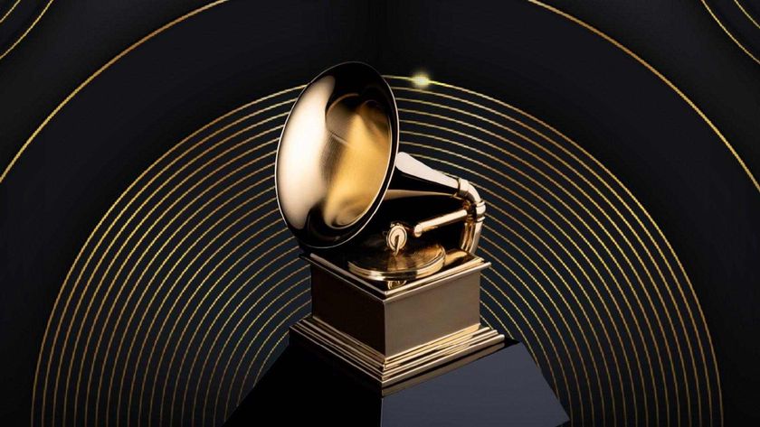 A picture of a Grammy Award on a black-and-gold background.