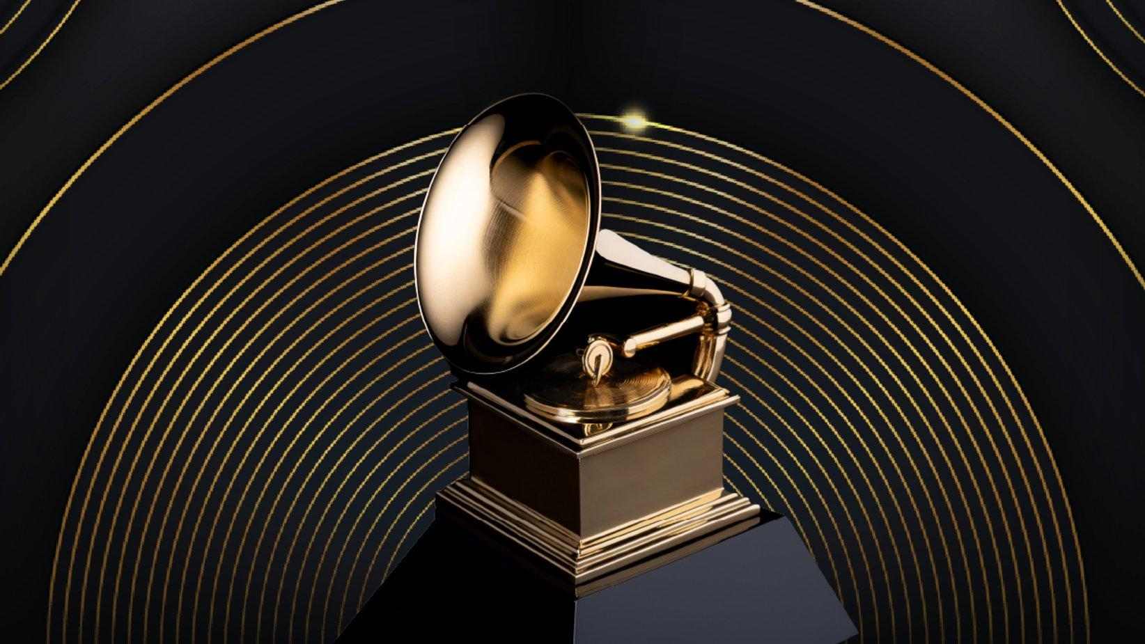 A picture of a Grammy Award on a black-and-gold background.