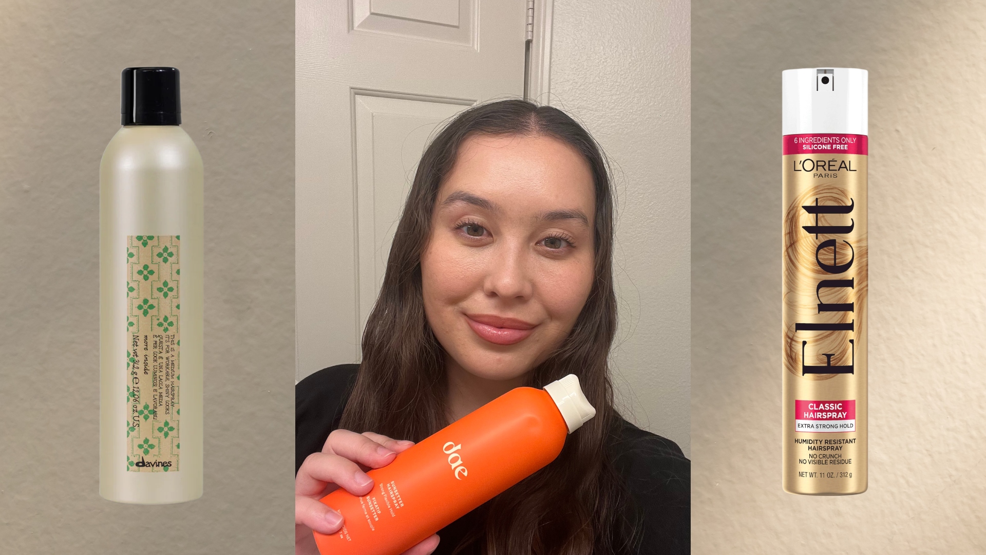 Catharine Malzahn holding an orange hairspray bottle in her bathroom on a beige background next to two other hairspray bottles