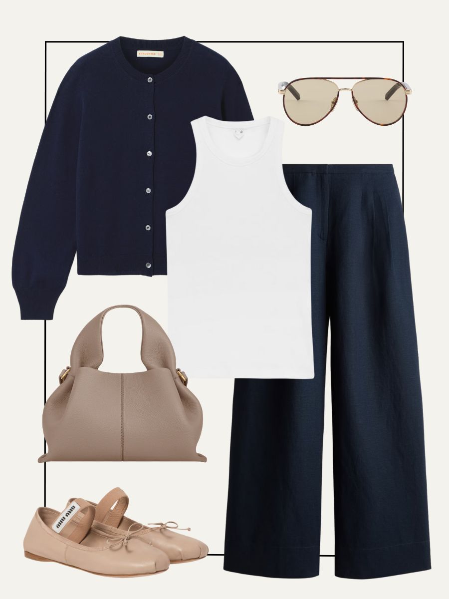 H&M linen trousers, Arket tank top, & Daughter cardigan, Miu Miu ballet pumps, Polene bag, Prada sunglasses