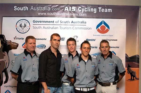 (L to R) Shayne Bannan, Brad McGee, Simon Clarke, Matthew Lloyd and Brian Stephens at today's launch of the new SouthAustralia.com - AIS Cycling Team.