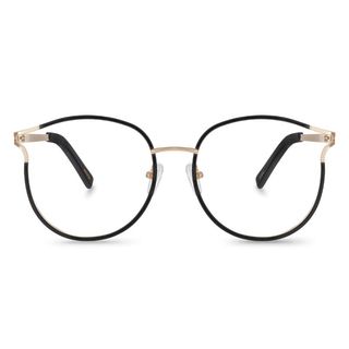 Thin wire framed black eyeglasses with gold detail