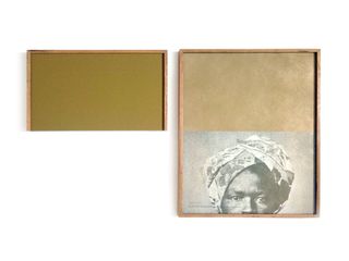 One empty picture frame with the bottom half removed, next to a second picture frame with an image of a woman in the bottom half