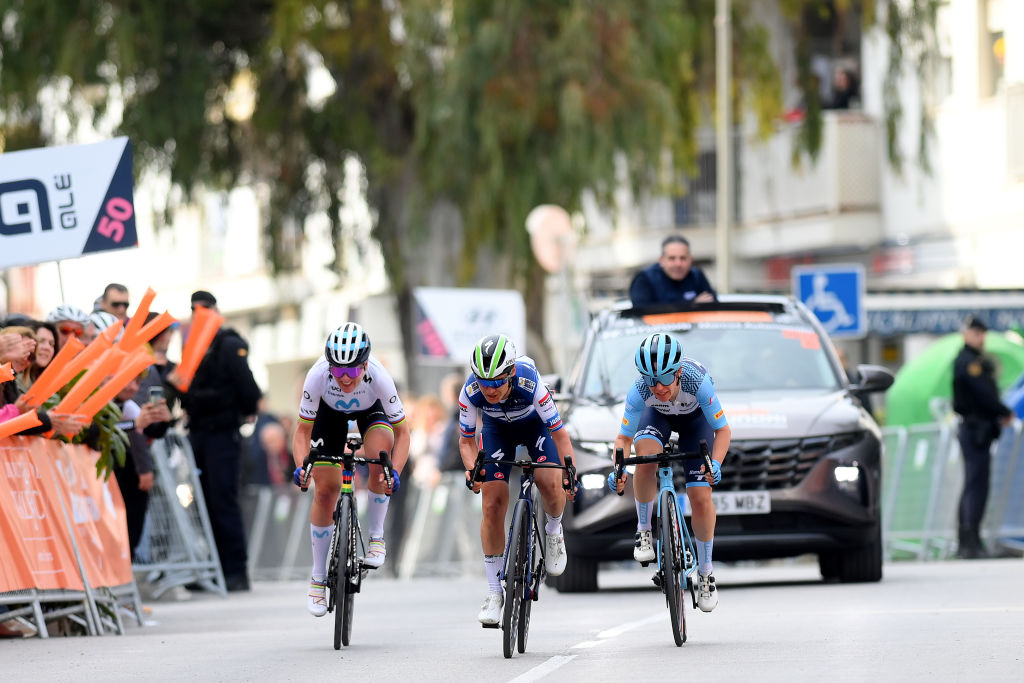 ALTEA SPAIN FEBRUARY 18 LR Annemiek Van Vleuten of The Netherlands and Movistar Team Ashleigh Moolman of South Africa and Team AG Insurance Soudal QuickStep and Amanda Spratt of Australia and Team Trek Segafredo sprint to win the 7th Setmana Ciclista Volta Comunitat Valenciana Femines 2023 Stage 3 a 132km stage from Agost to Altea SetmanaCiclista23 on February 18 2023 in Altea Spain Photo by Alex BroadwayGetty Images
