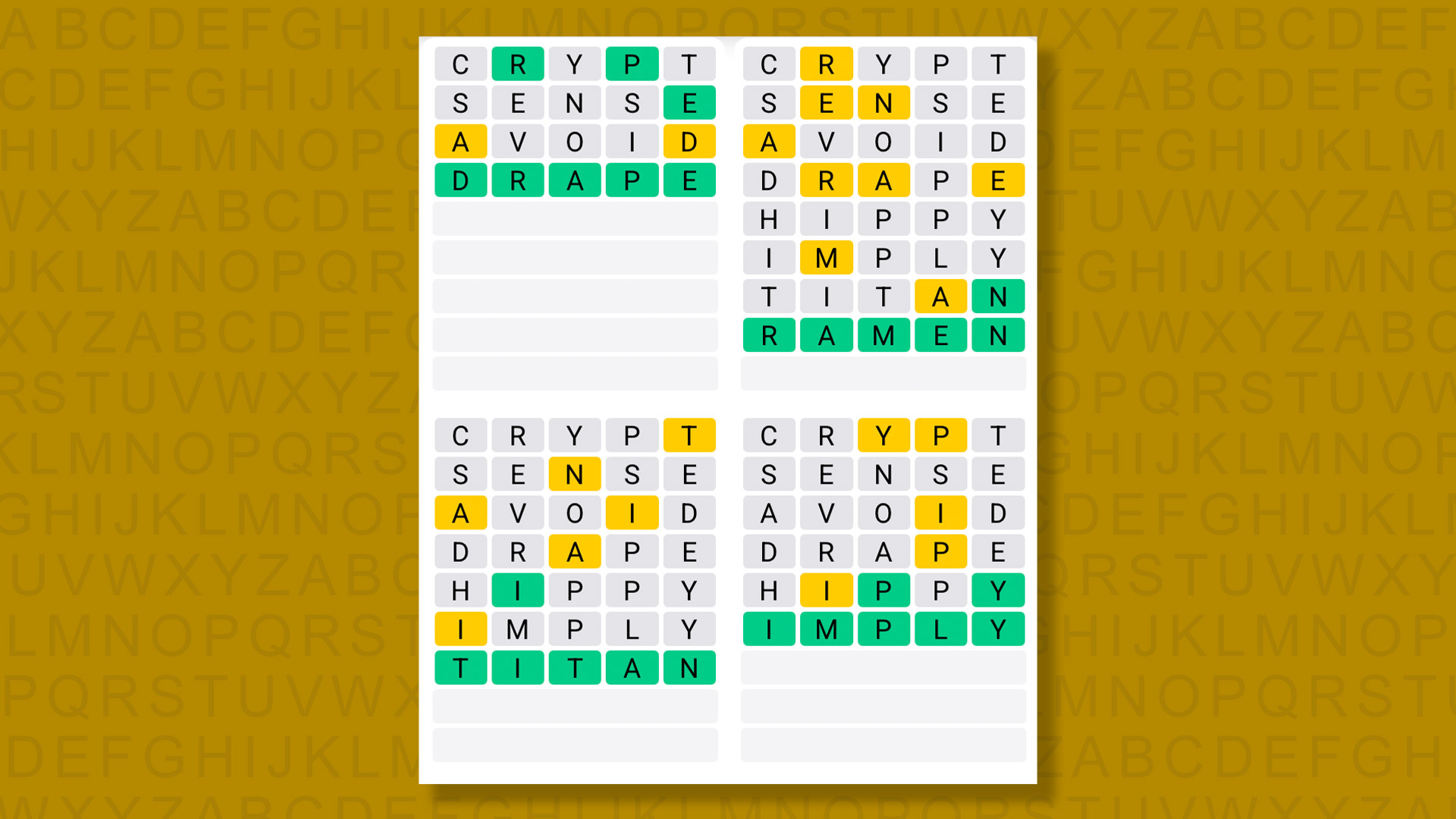 Quordle answers for game 1478 on a yellow background