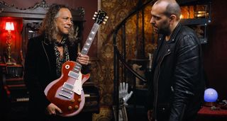 Kirk Hammett shows Gibson's Mark Agnesi some choice Les Pauls from his epic guitar collection, including Greeny, a triple-humbucker Les Paul Custom, a '52 Gold Top with a trapeze tailpiece, and a stunning 1958 Les Paul Standard finished in factory Cherry.