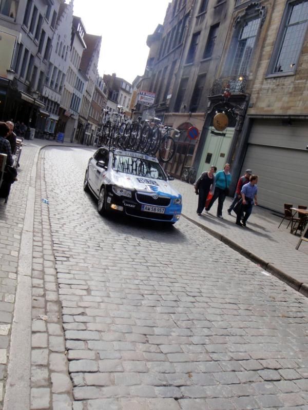 Saxo Bank's team car was running a little bit late for the start