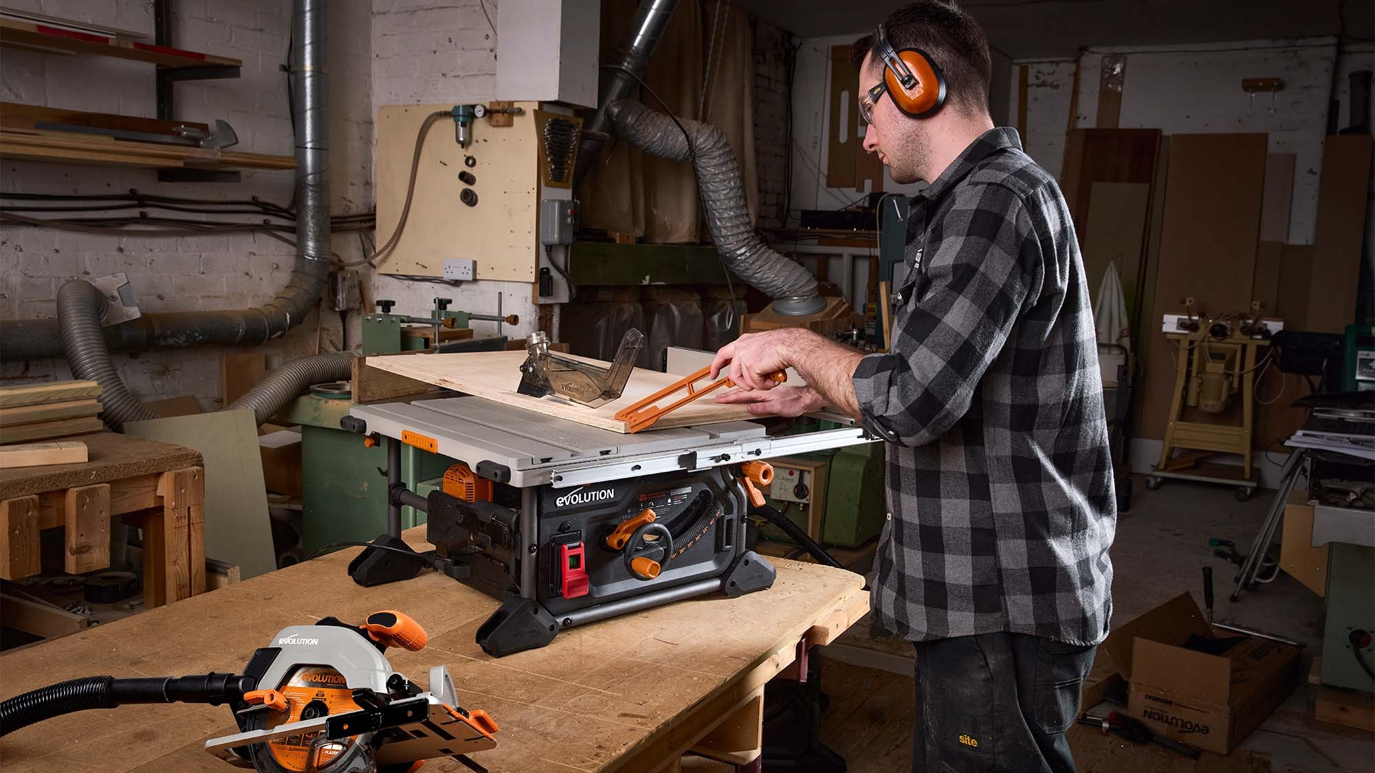 A table saw and circular saw shown in a worktop setting