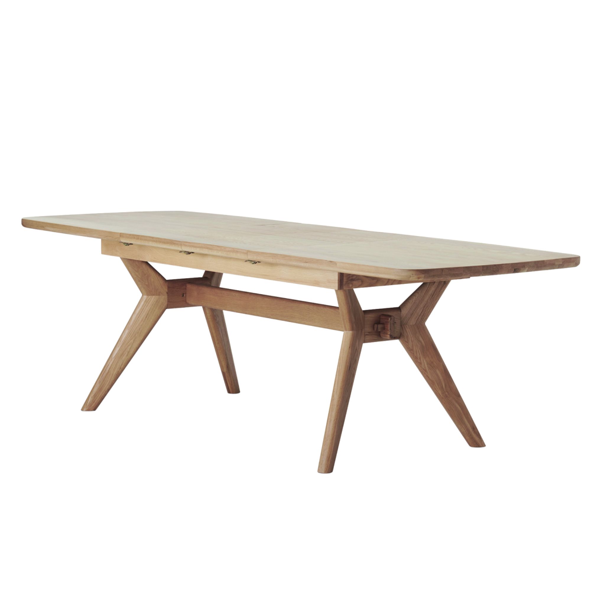 An oak dining table on a white background