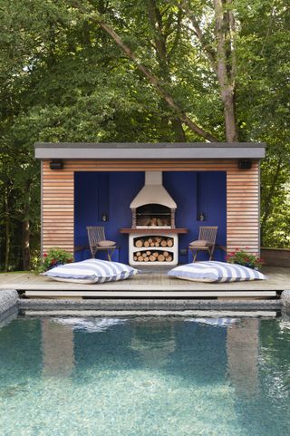 pool house ideas: outdoor oven and beanbags