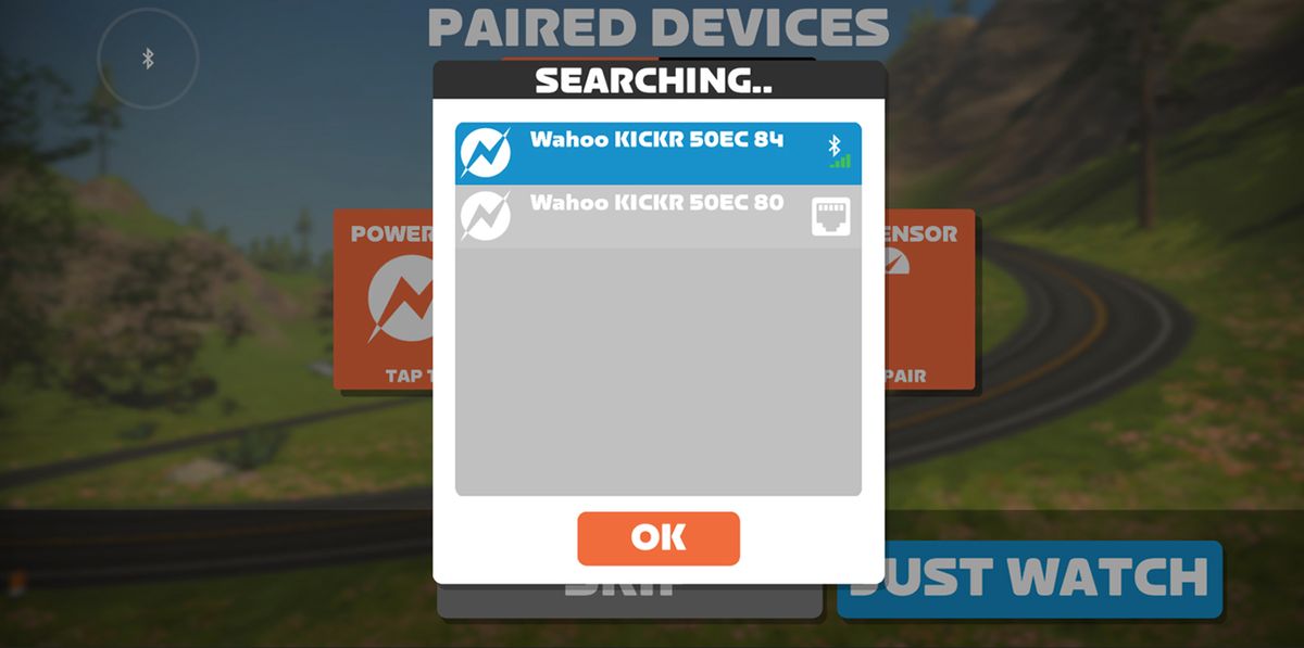 The Wahoo Kickr V6's connectivity showing Bluetooth and WiFi