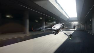 DJI Mavic 3 drone flying through an underground car park