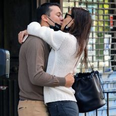 new york city, ny september 18 katie holmes is seen outside emilio vitolo jr's family's restaurant emilio's ballato on september 18, 2020 in new york city photo by lrnycmegagc images