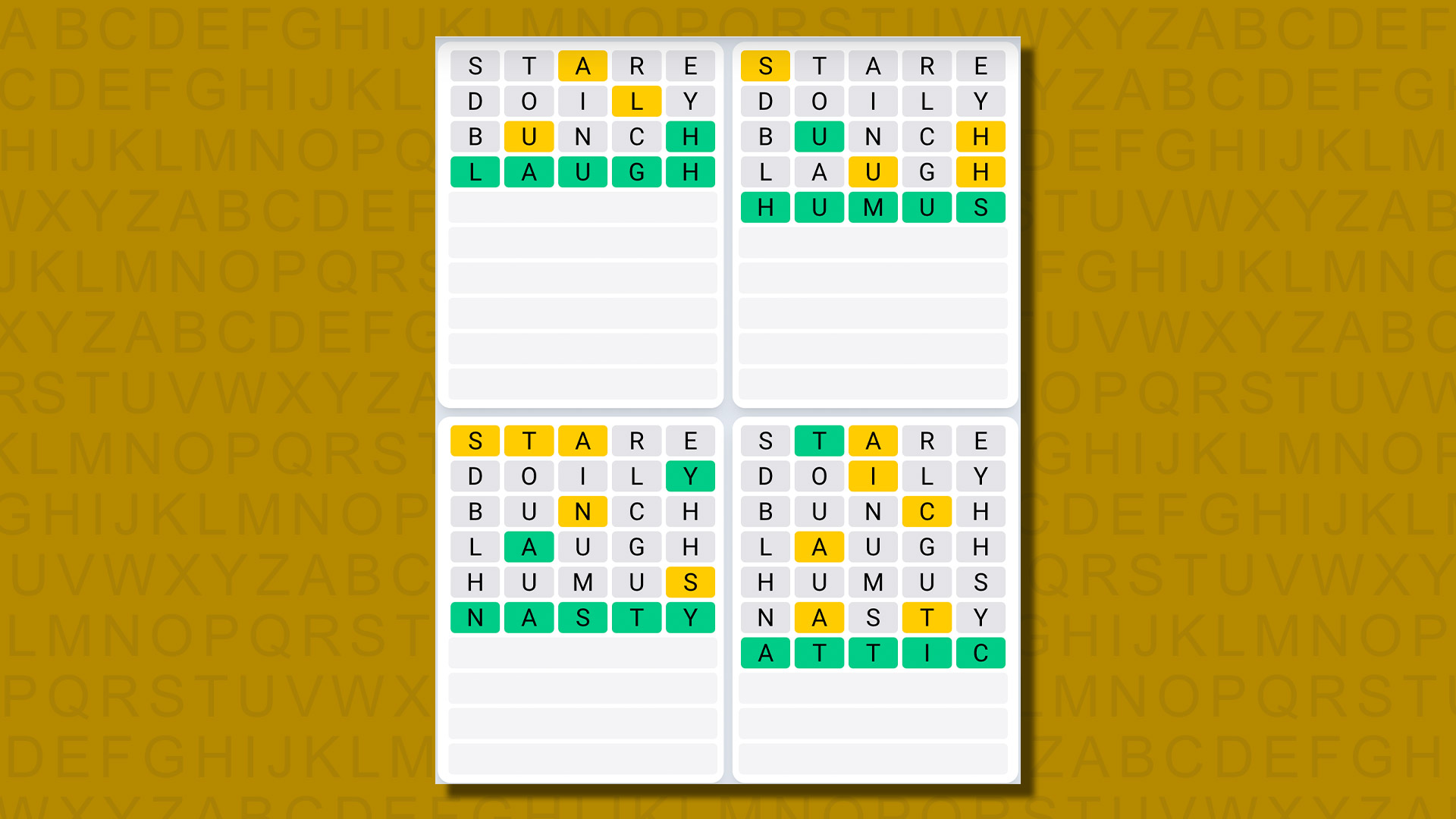 Ежедневная последовательность ответов Quordle для игры 653 на желтом фоне
