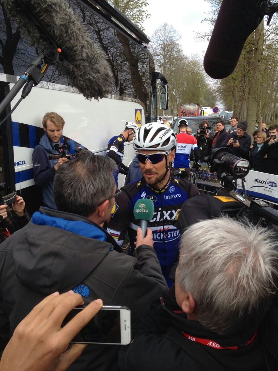 Tom Boonen talks to Sporza outside the team bus