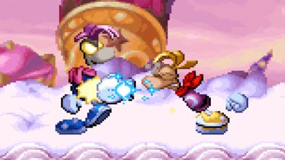 A zoomed in screenshot of Rayman 30th Anniversary Edition showing Rayman punching a Dark Rayman copy in the cake world