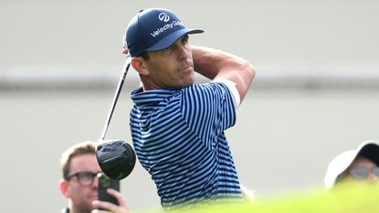 Billy Horschel takes a shot during a practice round before the 2022 BMW PGA Championship