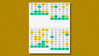 Quordle daily sequence answers for game 624 on a yellow background