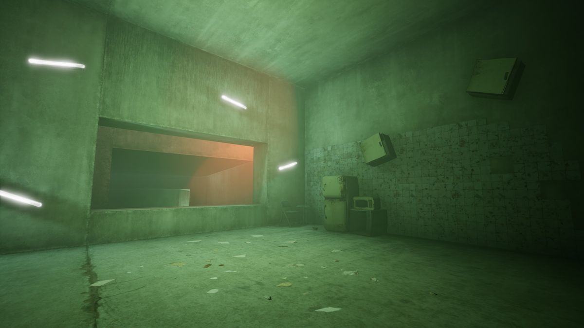 Vholume green lit brutalist interior with window onto red lit area