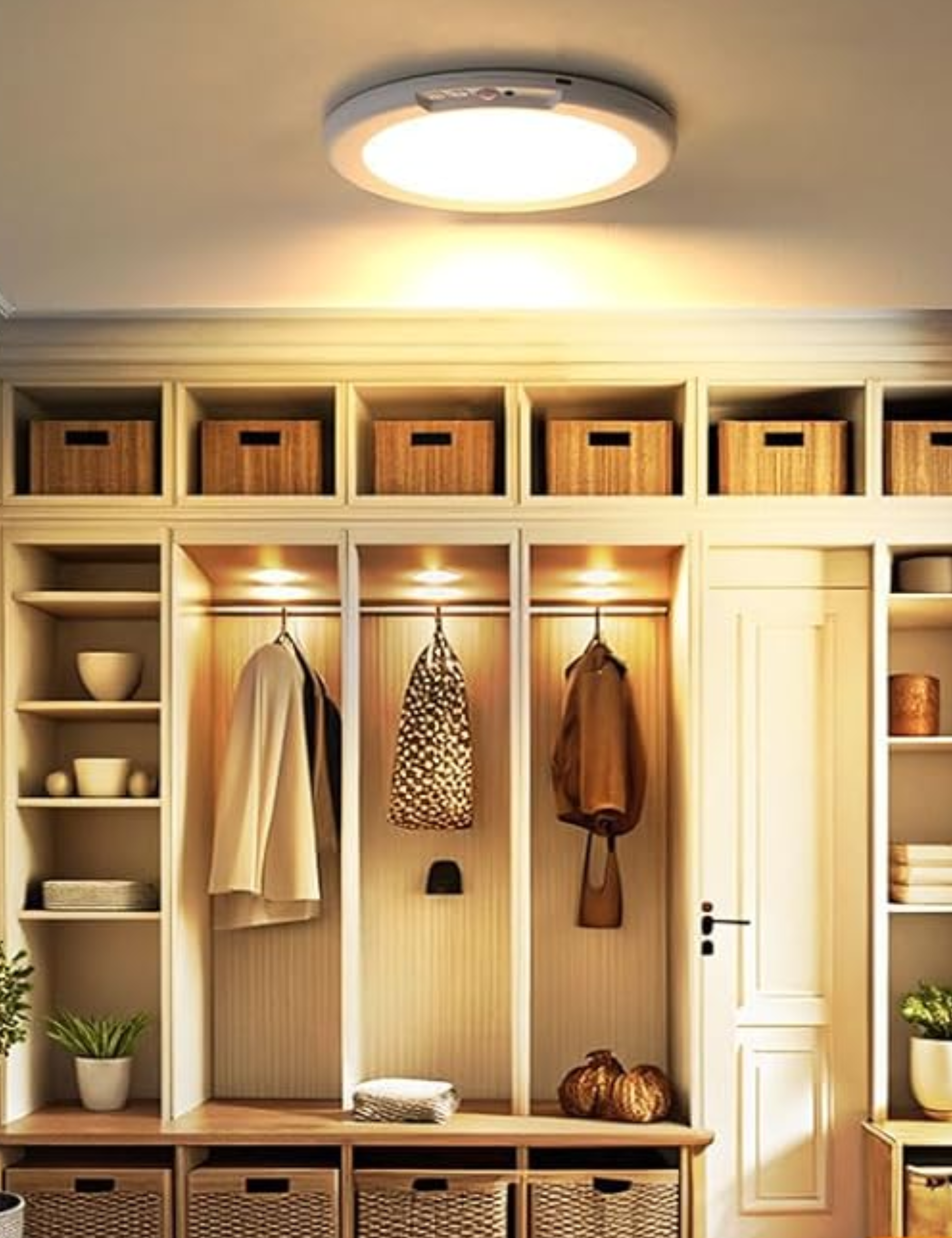 Amazon stick-on ceiling light illuminating an elegant closet area