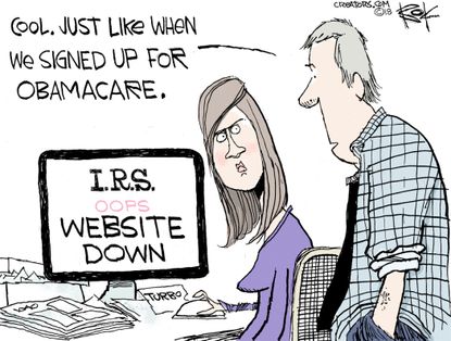 Political cartoon U.S. IRS technical difficulties taxes ObamaCare