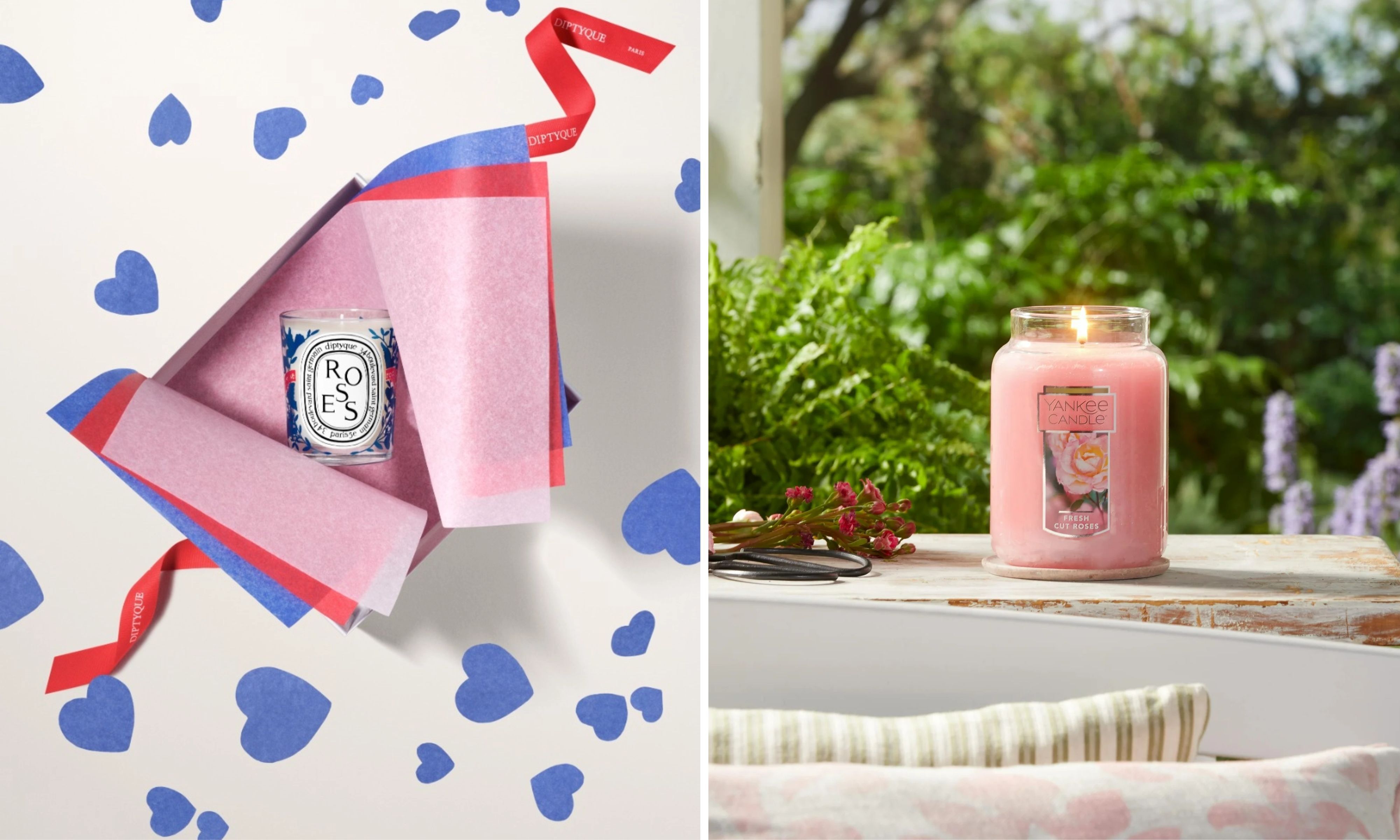 Split image of Diptique's Roses candle in a gift box with lilac and red lining paper, and lilac hearts on a cream table, and Yankee Candle Rose Scented candle with pink wax in clear glass jar on a window sill with cushions in view in fron and foliage and trees in the background