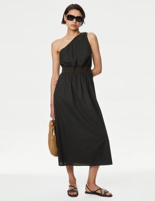 M&S Collection, Pure Cotton One Shoulder Midi Waisted Dress