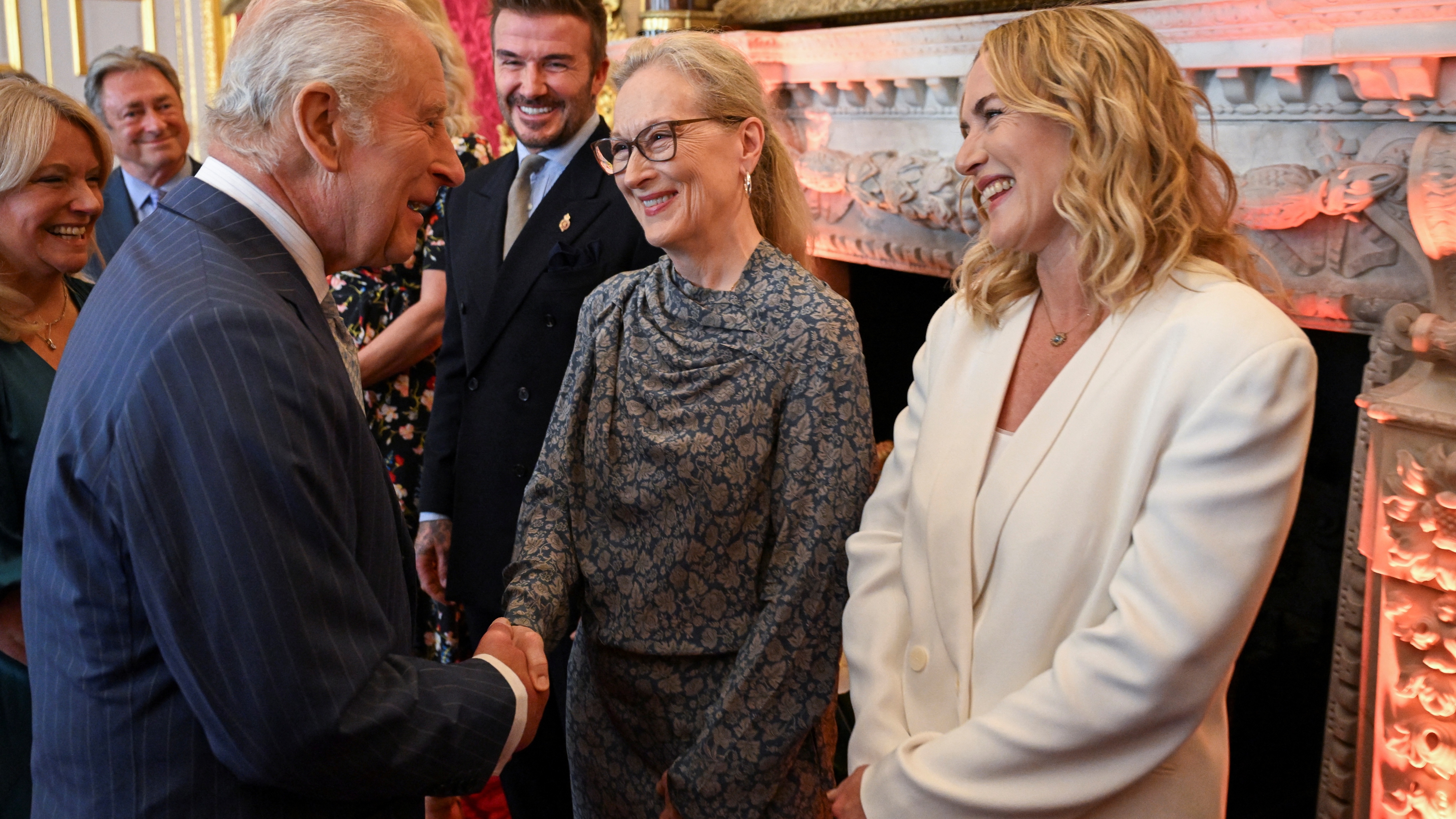 King Charles shakes hands with Meryl Streep, next to David Beckham and Kate Winslet, as they attend the King&#039;s Foundation Awards ceremony, on the 35th anniversary of The King&#039;s Foundation