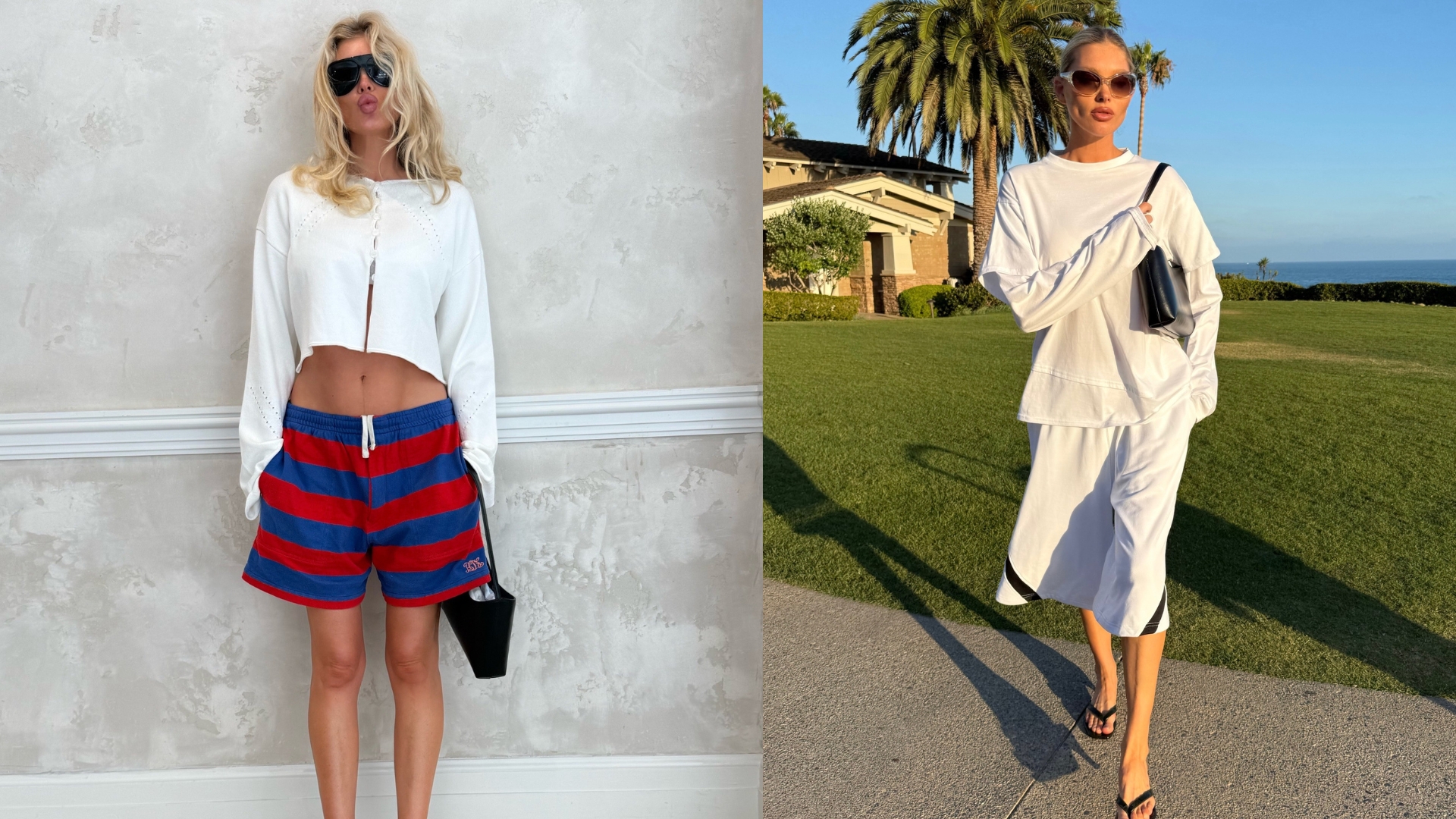 Model @hoskelsa wears longline shorts with a white long-sleeve top and black flip-flops.